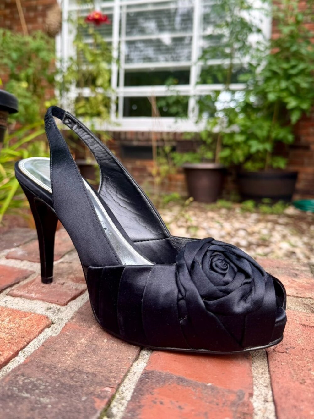 WHBM Bonita Satin Rosette Heels, Black, Size 7, Peep Toe, Slingback Platform